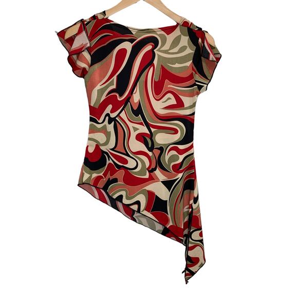 Vintage Funky Y2K Red Swirl Blouse Top Asymmetrical Medium - Picture 3 of 4